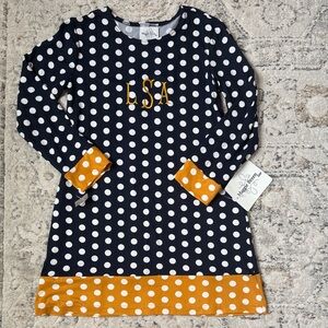 NWT Polka Dot Kids Boutique Dress - Navy and Gold with monogram LAS